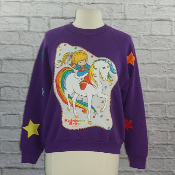 Vintage 80s Rainbow Brite Reworked Star Patch Raglan Sweatshirt - Picture 1 of 11